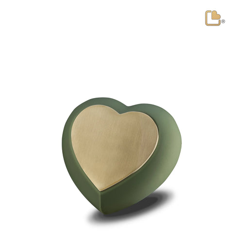 H585 Drop Heart Aandenken Urn Salie Groen & Bru Goud